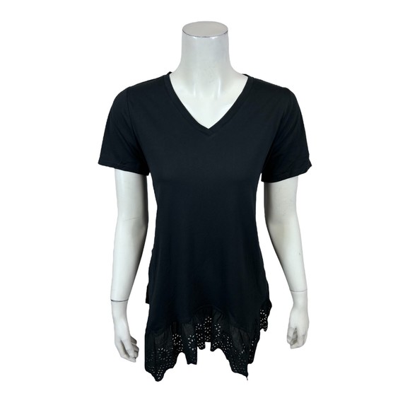 LOGO by Lori Goldstein Women's V-Neck Top with Eyelet Hem Black Small Size - Picture 1 of 2